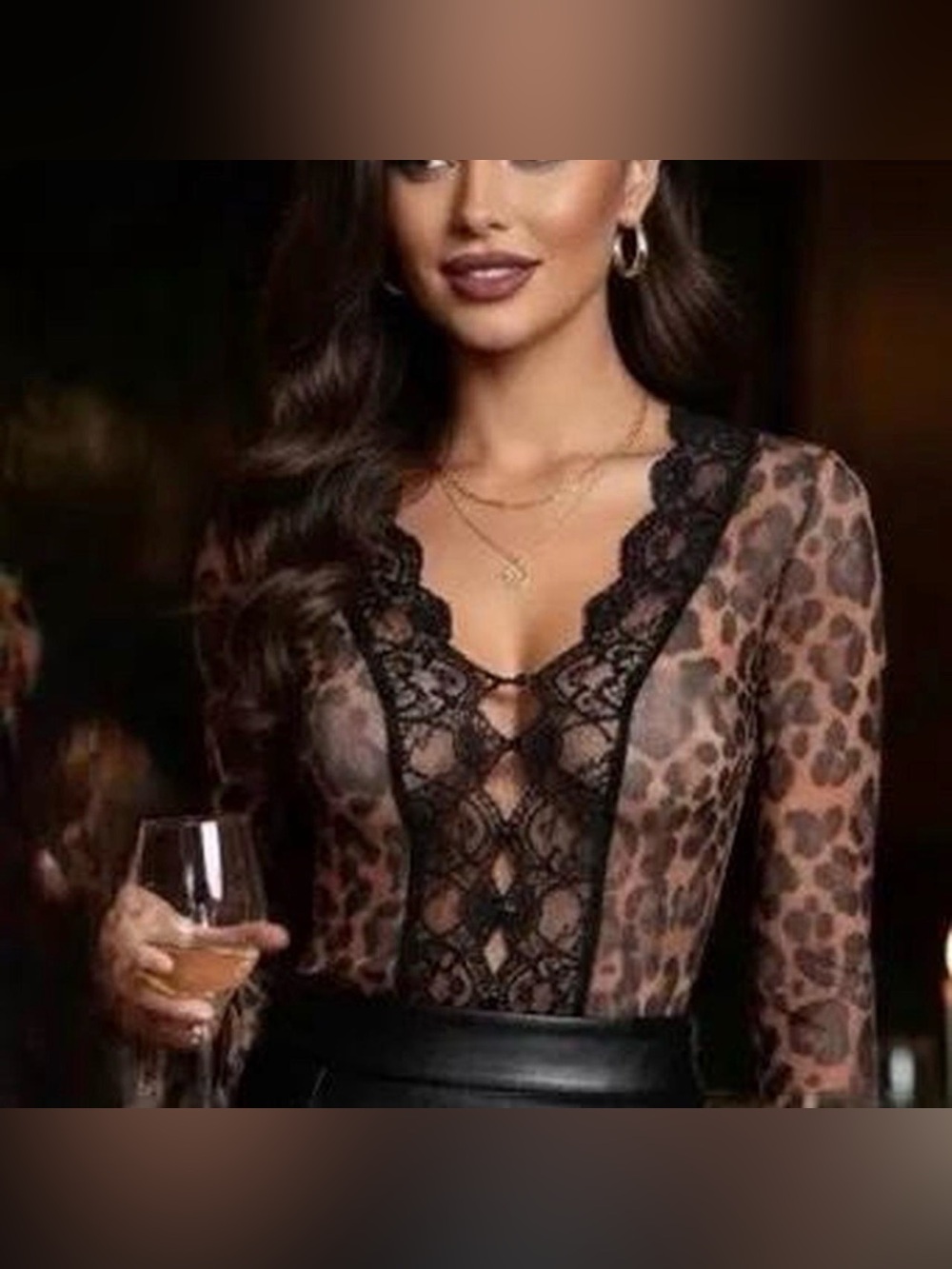 NWT Commense Leopard Lace Plunge Mesh Top - S